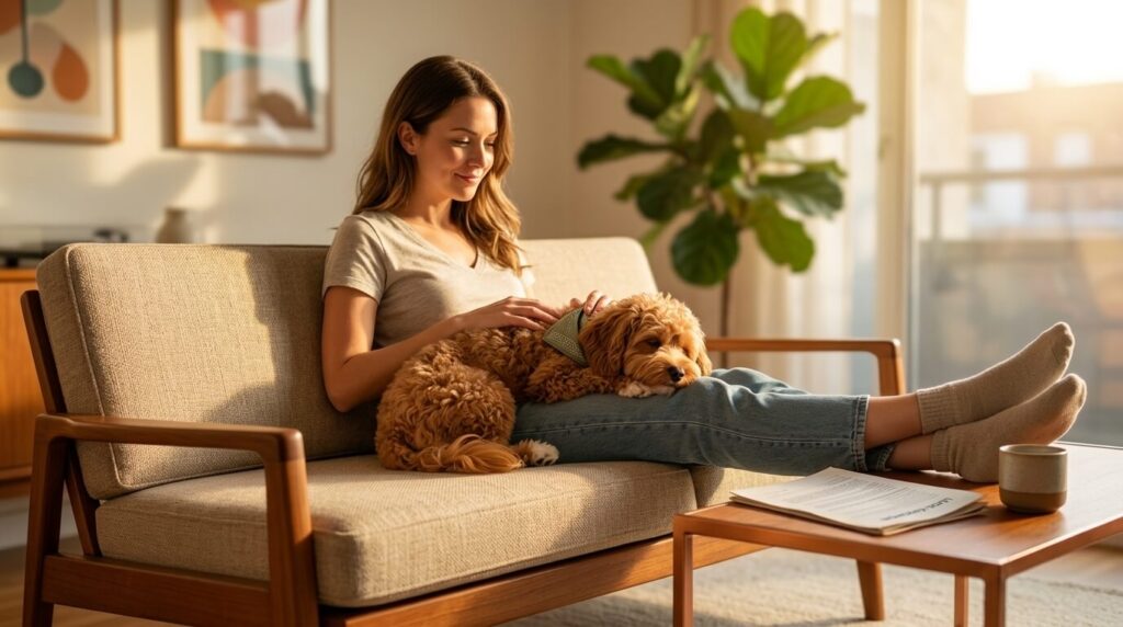 A happy renter relaxing with their dog after following our renters guide to getting a dog