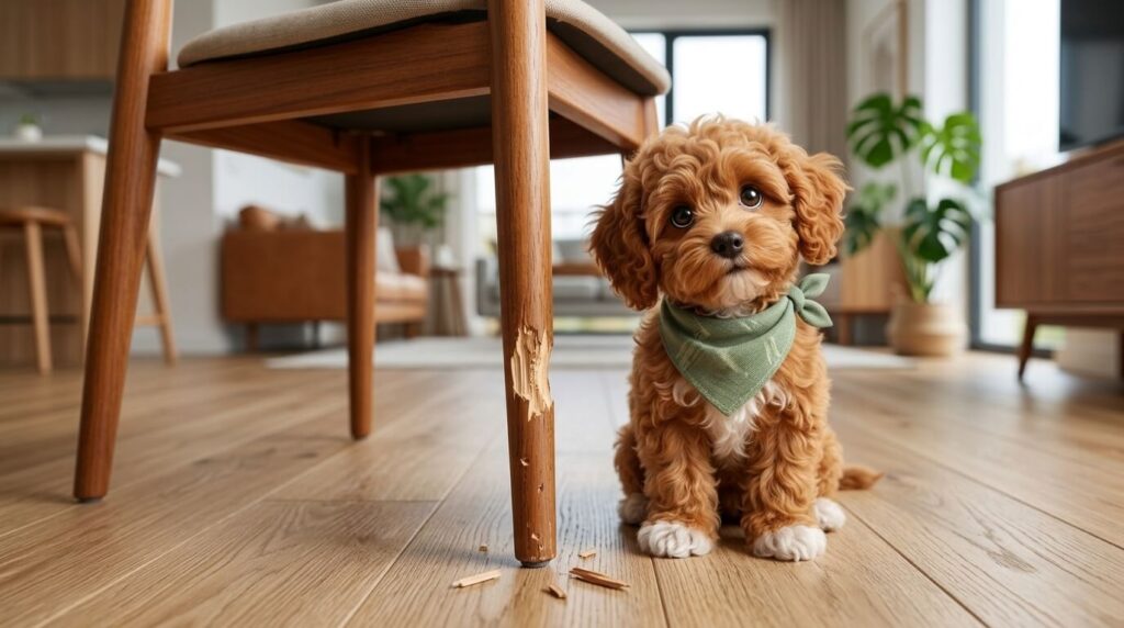A Cavapoo puppy sitting next to a chewed chair leg showing the urgent need to stop dog chewing furniture