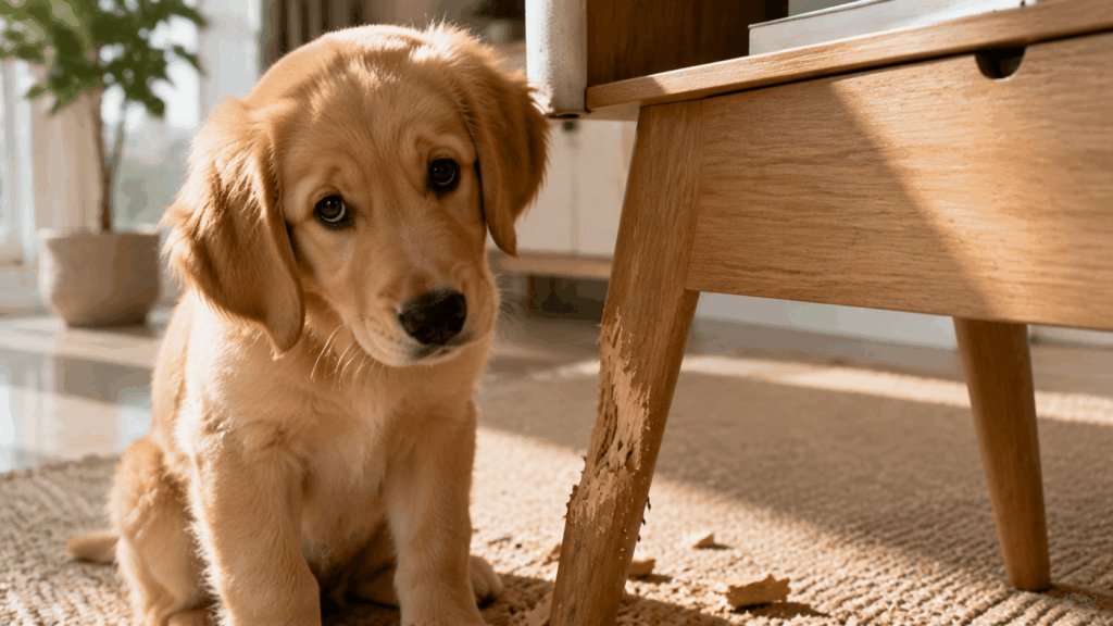 dog chewing furniture apartment prevention with protected sofa and baseboards