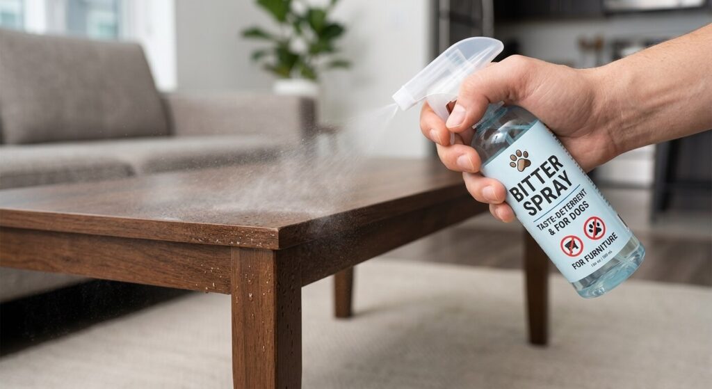 Using a bitter apple deterrent spray to quickly stop dog chewing furniture
