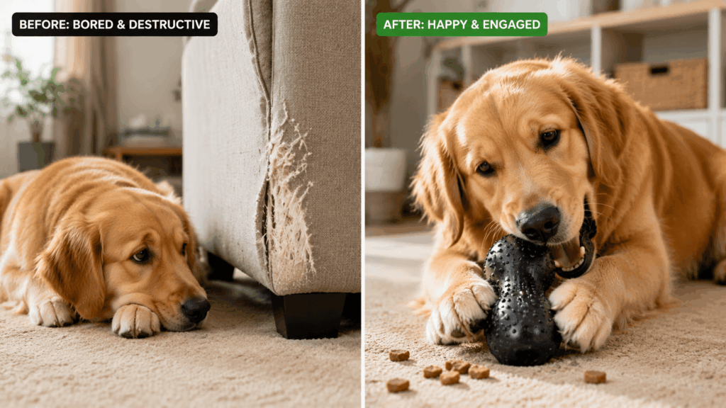 Split-screen comparison of a bored dog staring at a sofa arm versus a dog happily playing with a durable rubber chew toy.