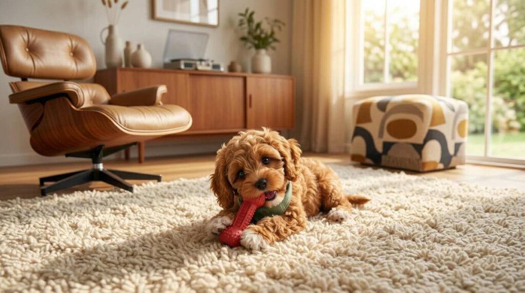 Redirecting a puppy to a durable rubber toy to effectively stop dog chewing furniture