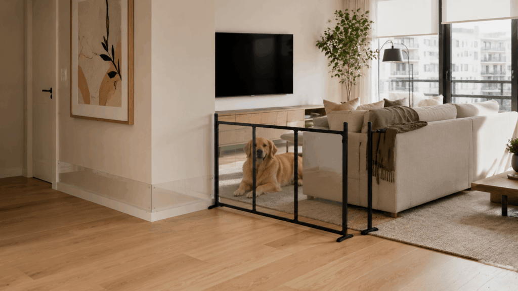 Renter-safe dog proofing setup featuring clear acrylic baseboard guards and a freestanding dog gate in a minimalist living room.