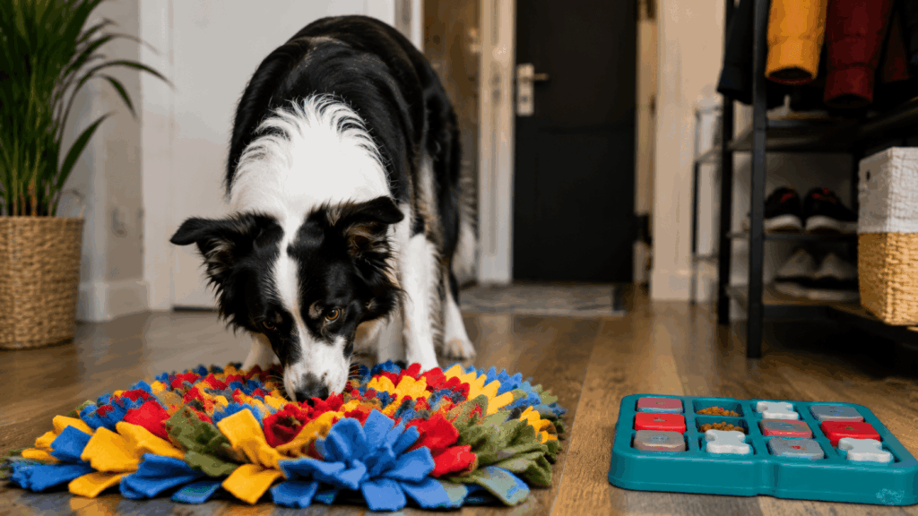 An energetic Border Collie using a colorful snuffle mat and a puzzle feeder in an apartment hallway for mental enrichment.