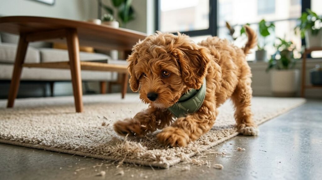 A Cavapoo puppy frantically scratching the rug showing the urgent need to stop dog digging carpet
