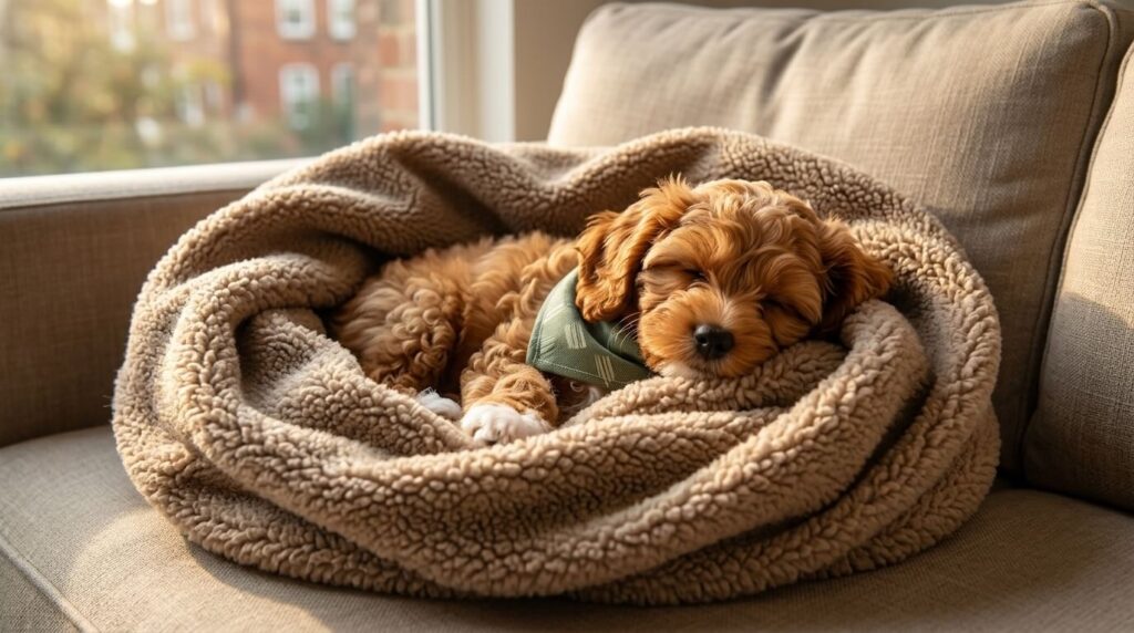 A puppy successfully nesting in a cozy blanket after owners stop dog digging carpet behavior