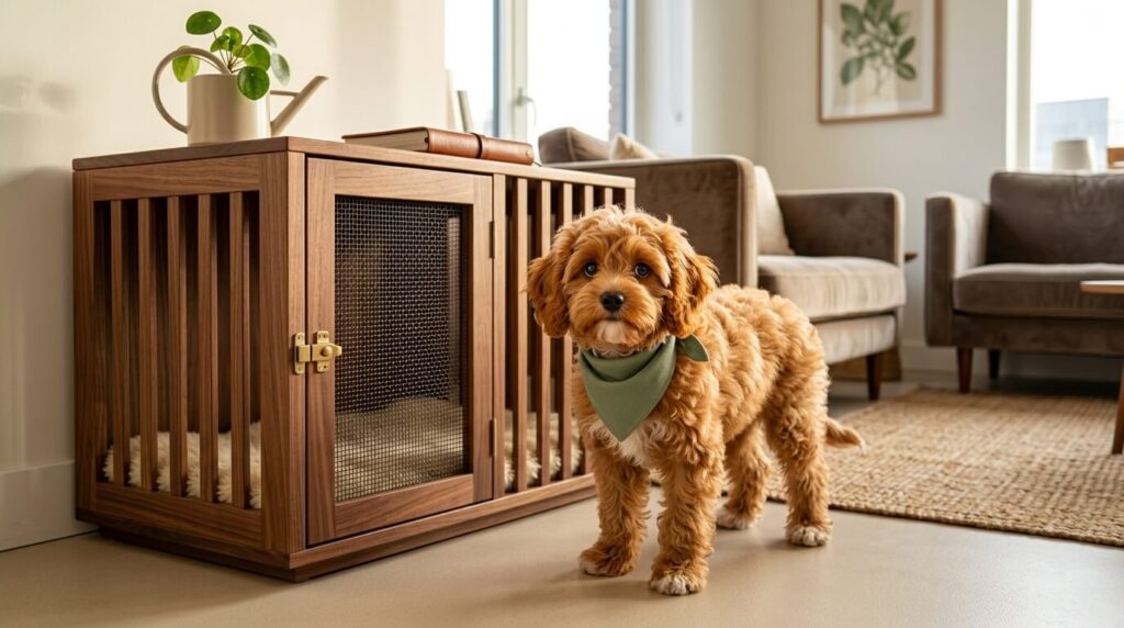 A Cavapoo puppy looking curiously at a wooden crate as part of crate training apartment dogs