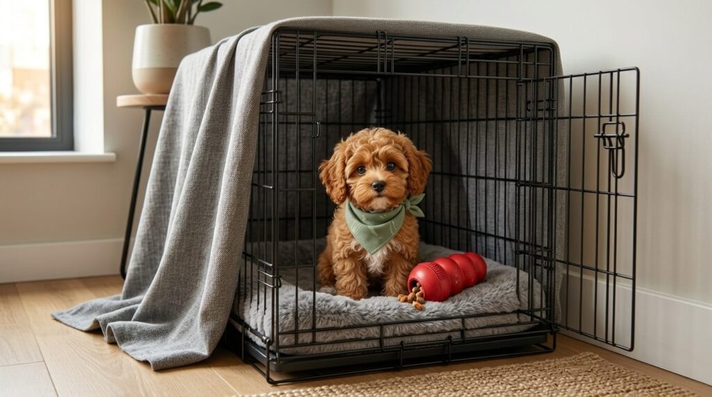 A properly set up den environment for successfully crate training apartment dogs