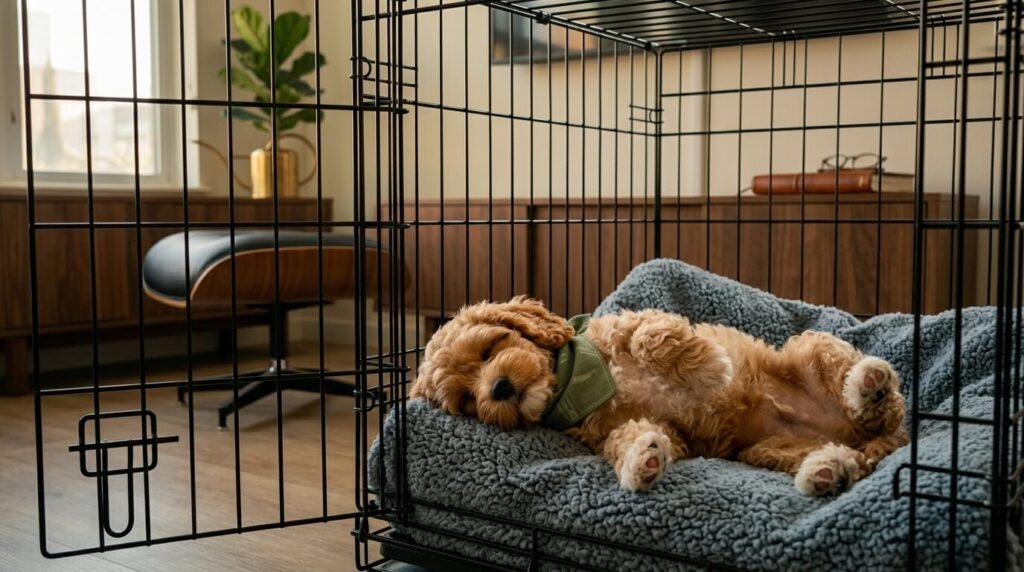 A perfectly relaxed puppy sleeping with the door open after mastering crate training apartment dogs