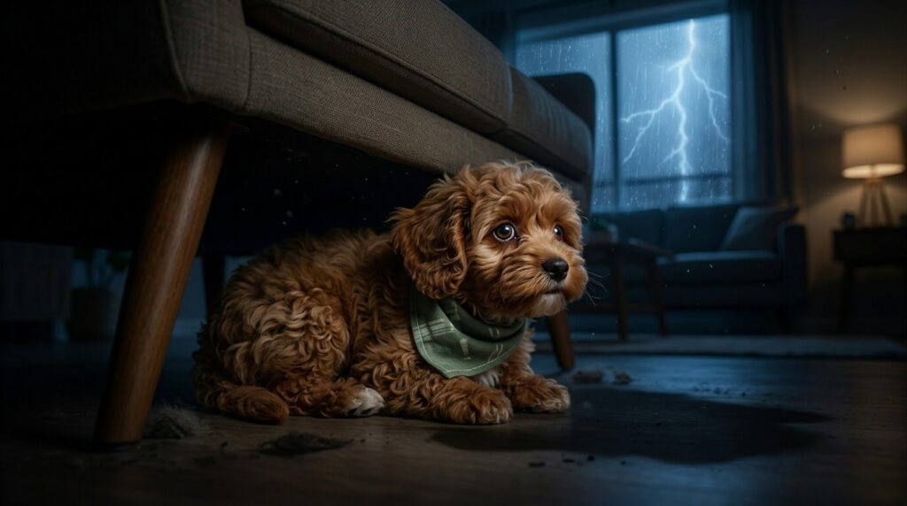 An anxious Cavapoo hiding under the couch showing why owners desperately search for calming aids for dogs