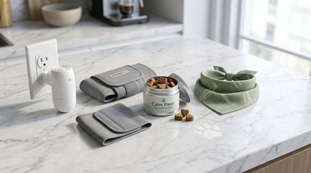 A collection of science-backed calming aids for dogs including pheromones, anxiety wraps, and chews