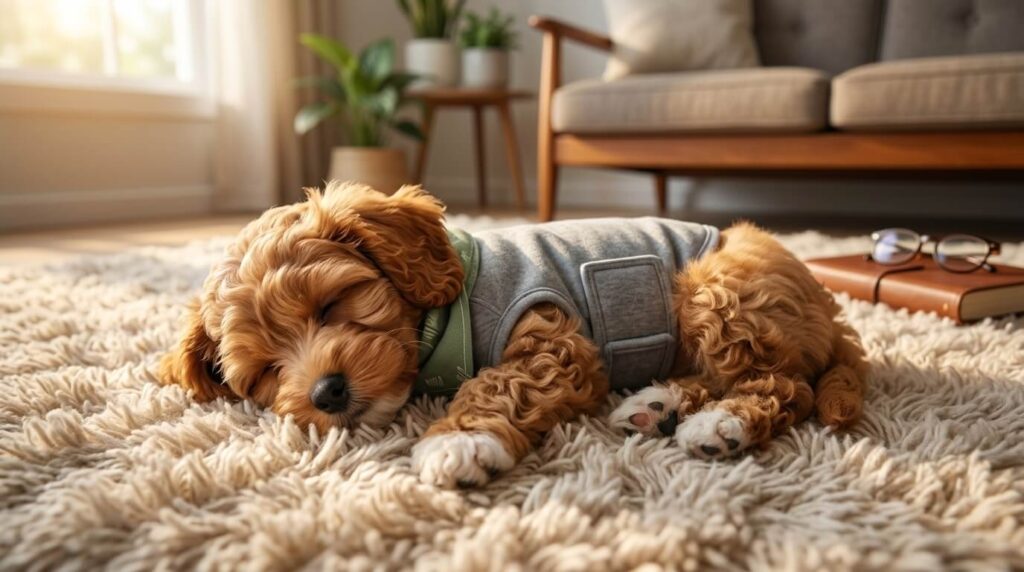 A relaxed puppy sleeping peacefully while wearing pressure wrap calming aids for dogs