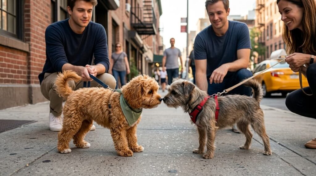 Two dogs meeting on neutral territory before owners introduce second dog in small apartment