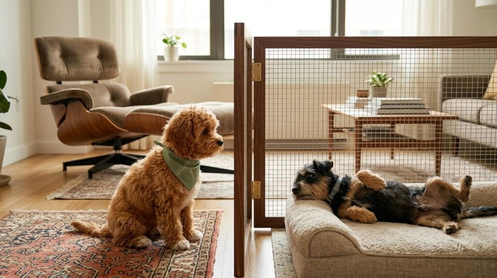 Using a wooden pet gate to safely introduce second dog in small apartment layouts