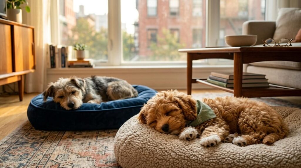 Two dogs sleeping peacefully together after owners successfully introduce second dog in small apartment