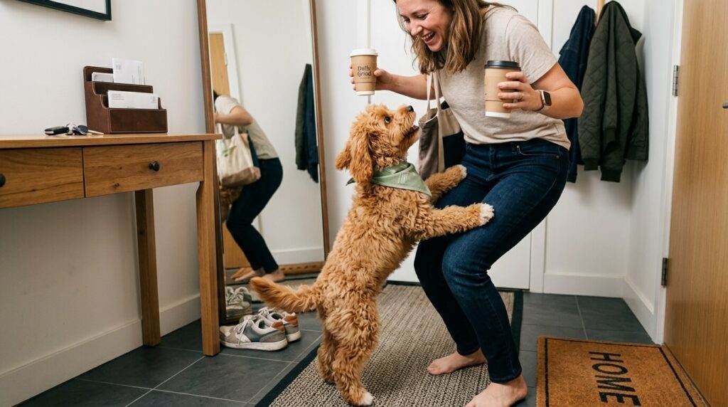 A Cavapoo jumping on a visitor showing the urgent need to stop dog jumping on guests
