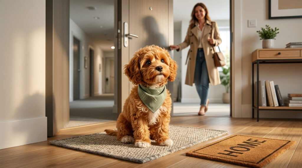 A polite dog sitting on a mat after owners successfully stop dog jumping on guests