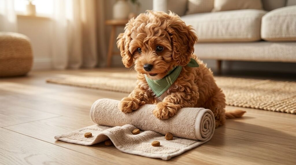 A Cavapoo puppy unrolling a towel showing one of the best diy dog enrichment ideas