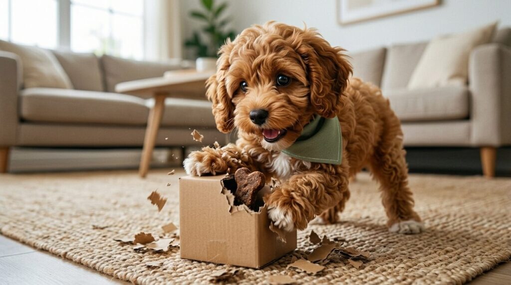 A dog happily shredding a cardboard box to find treats as part of safe diy dog enrichment ideas