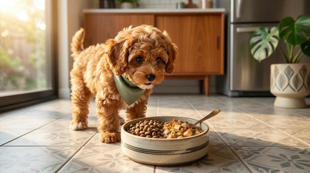 A Cavapoo puppy looking at a mixed bowl representing the debate of wet food vs dry food dogs