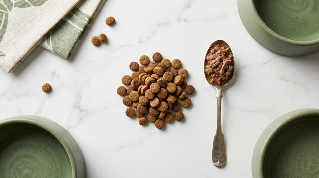 An overhead comparison of ingredients showing the difference in wet food vs dry food dogs