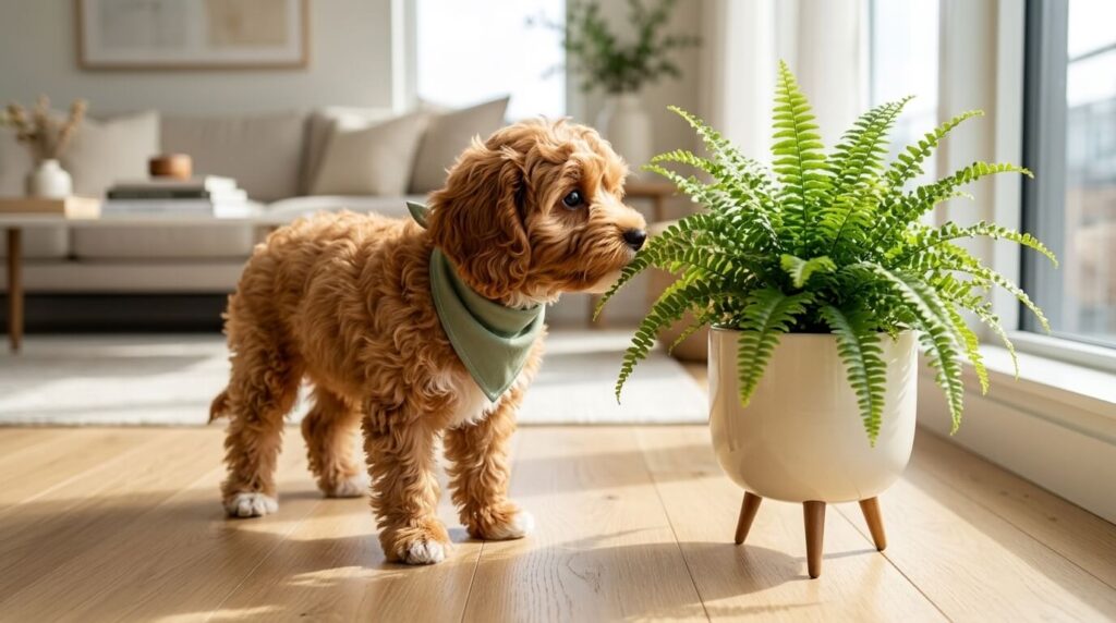 A Cavapoo puppy exploring a Boston Fern as one of the best dog safe plants apartments
