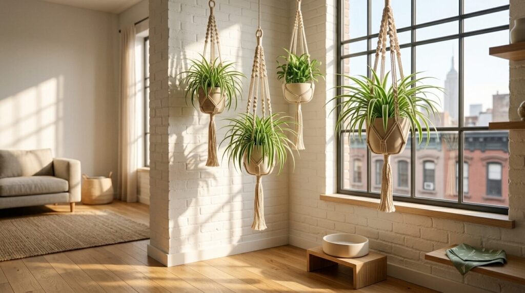Using hanging macrame planters to feature dog safe plants apartments