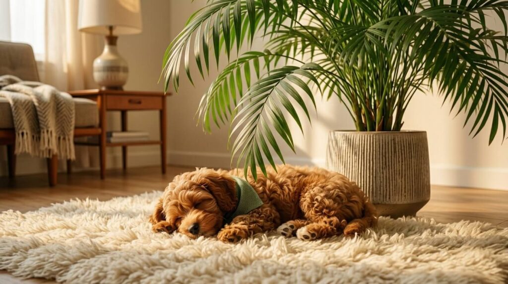 A dog sleeping safely under a Parlor Palm showing the beauty of dog safe plants apartments