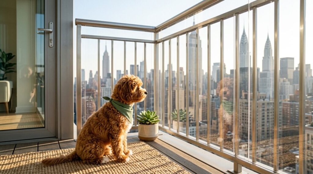 A Cavapoo puppy looking safely through a clear acrylic shield used to dog proof balcony railings