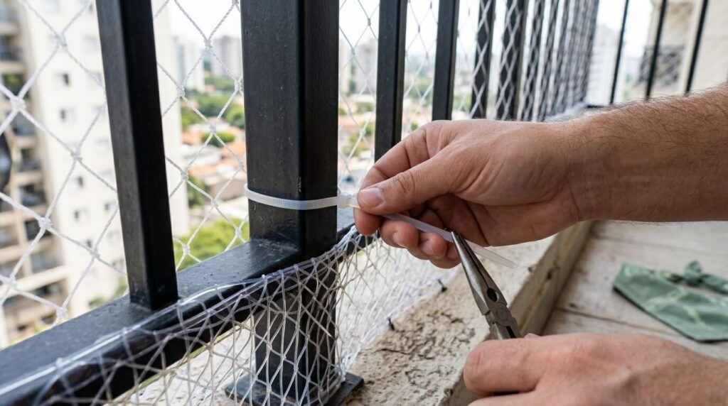 Using zip ties and clear mesh to dog proof balcony spaces without drilling