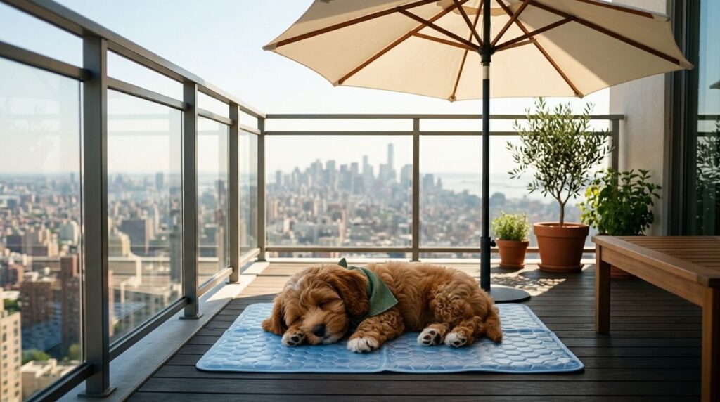 A safe and happy puppy sleeping in the shade after owners effectively dog proof balcony areas