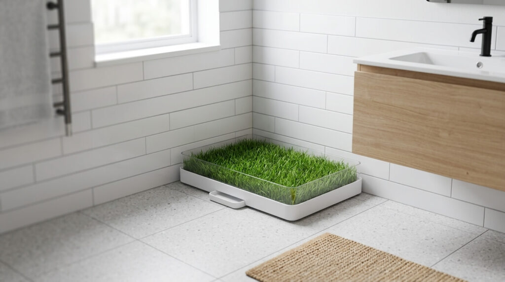 A perfectly placed indoor grass patch to prevent litter box avoidance dogs experience