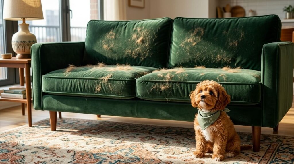 A Cavapoo sitting next to a hairy velvet sofa showing the urgent need to get dog hair off everything