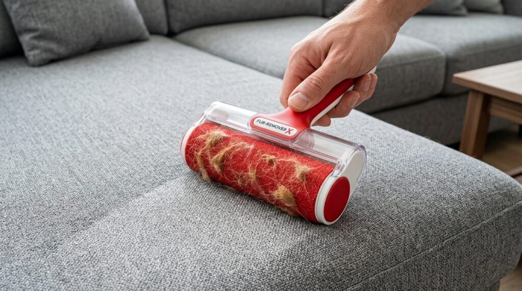 Using an electrostatic pet hair roller tool to successfully get dog hair off everything