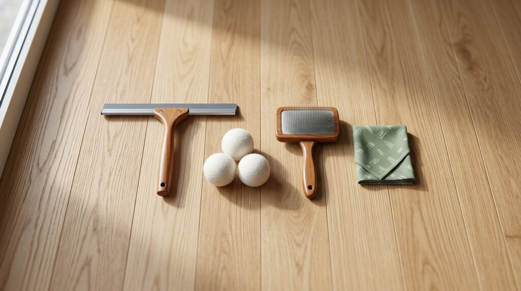 A collection of cleaning tools like rubber squeegees and wool dryer balls to get dog hair off everything