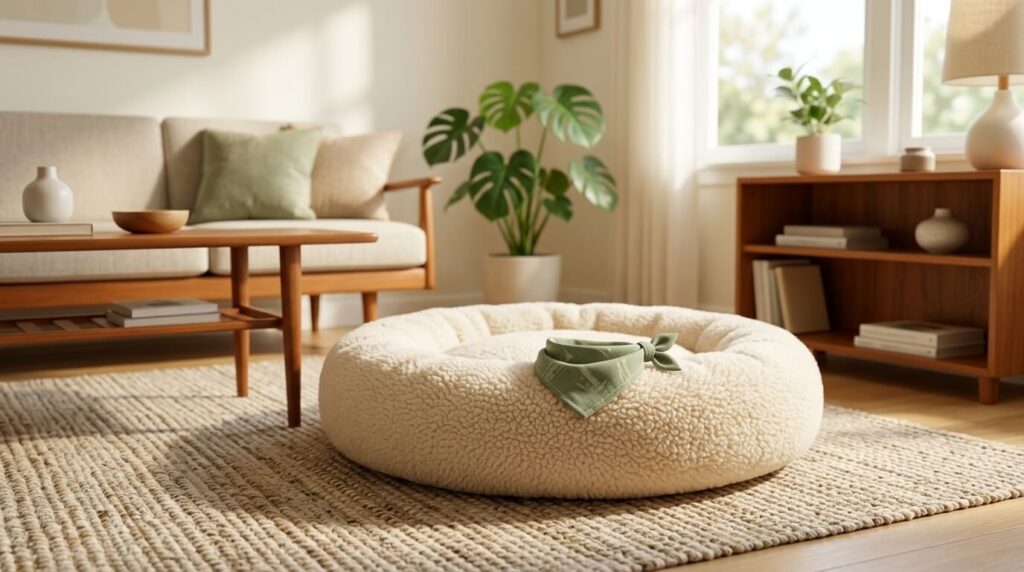 A freshly washed dog bed in a clean living room after owners control dog odor apartment issues