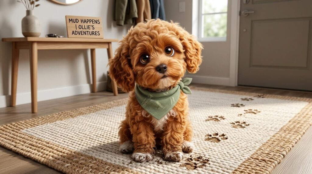 A Cavapoo puppy with muddy paws showing the struggle to clean apartment with dog