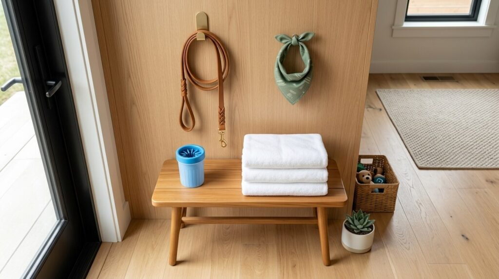 An organized entryway cleaning station to help clean apartment with dog paws