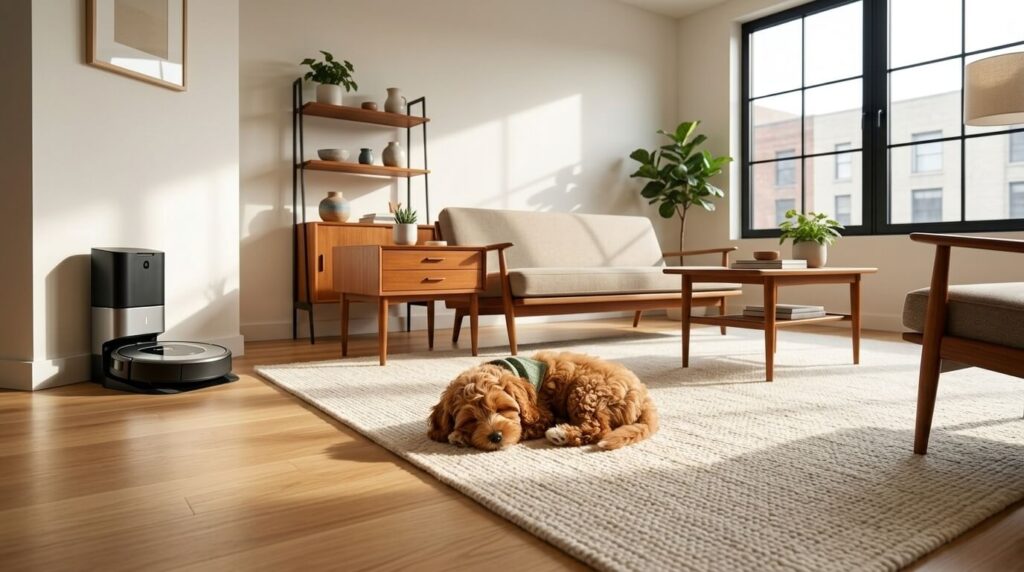 A spotless mid-century modern living room showing it is possible to maintain a clean apartment with dog