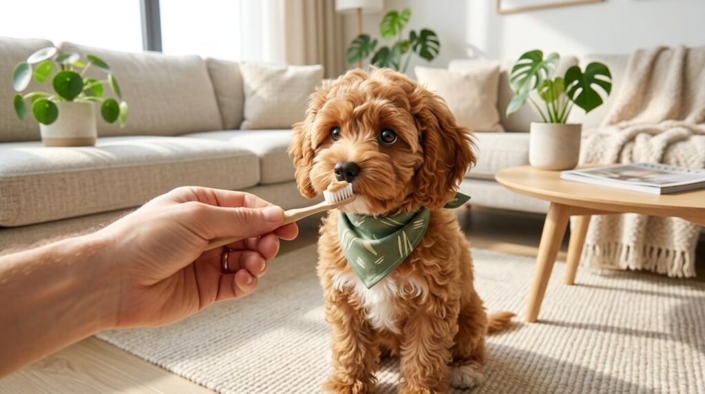 A Cavapoo puppy sniffing a toothbrush showing the first step of dog dental care at home