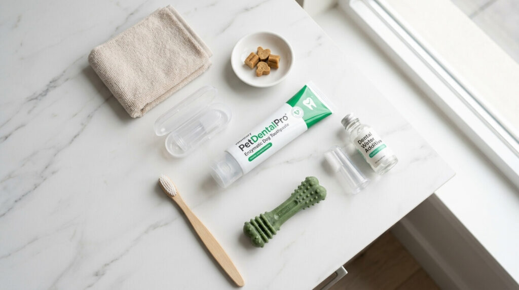 A collection of enzymatic toothpaste and VOHC chews for effective dog dental care at home