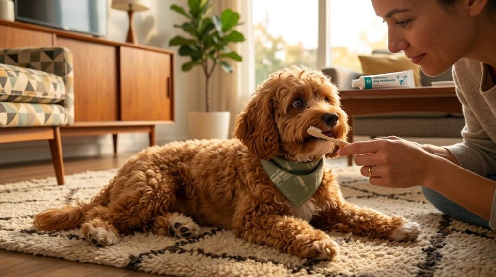 An owner successfully brushing a relaxed puppy's teeth mastering dog dental care at home