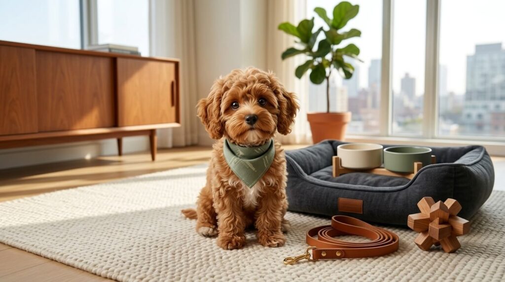 A Cavapoo puppy sitting next to premium pet supplies checking off the ultimate new dog owner checklist