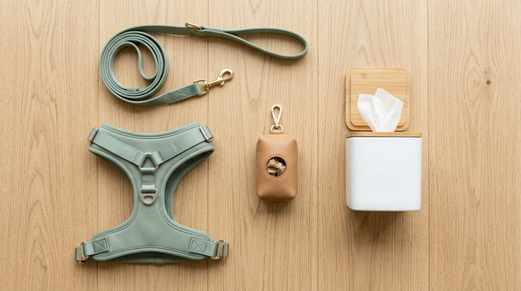 A flat-lay of aesthetic apartment dog walking gear essential for any new dog owner checklist