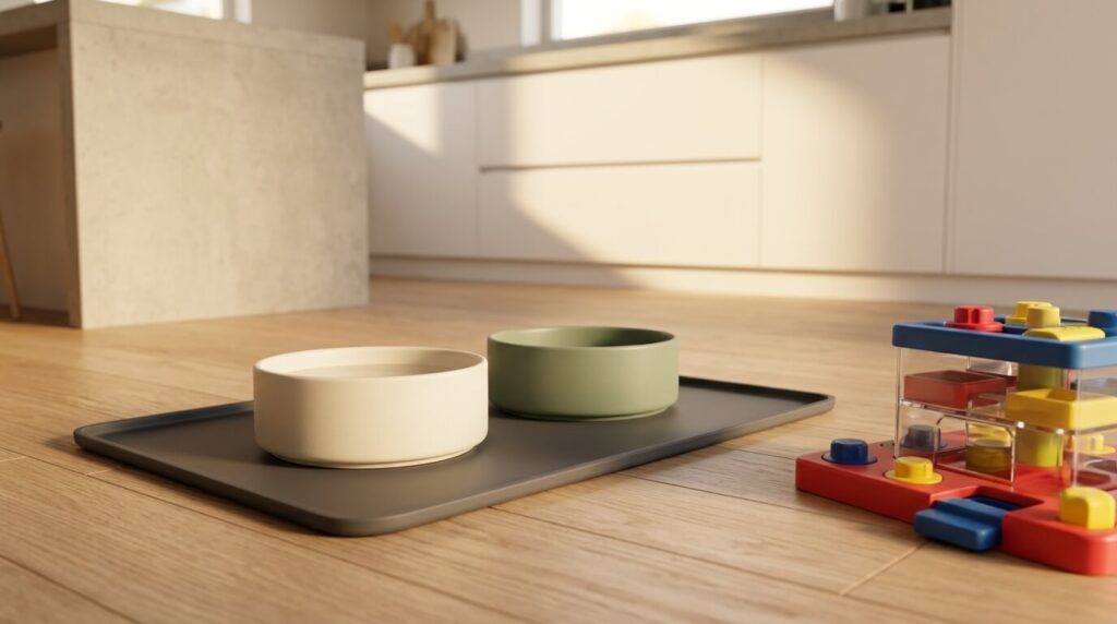 A minimalist dog feeding station setup recommended on our new dog owner checklist