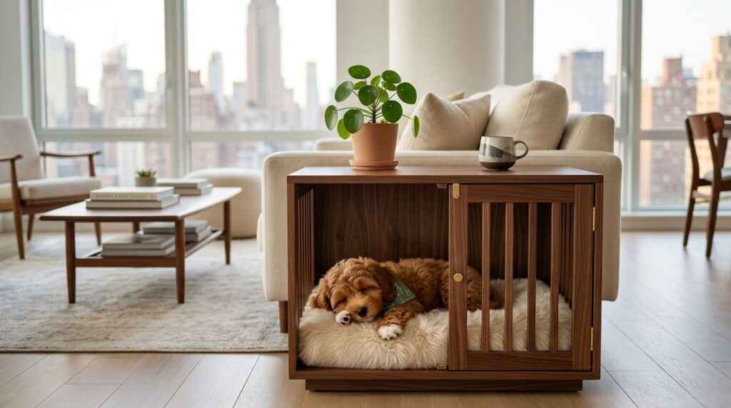 A Cavapoo puppy sleeping in a stylish wooden end table crate representing the best dog crates for apartments
