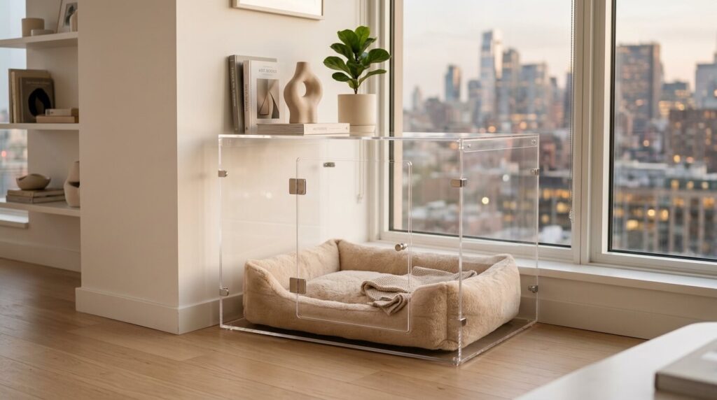A clear acrylic minimalist enclosure rated among the best dog crates for apartments