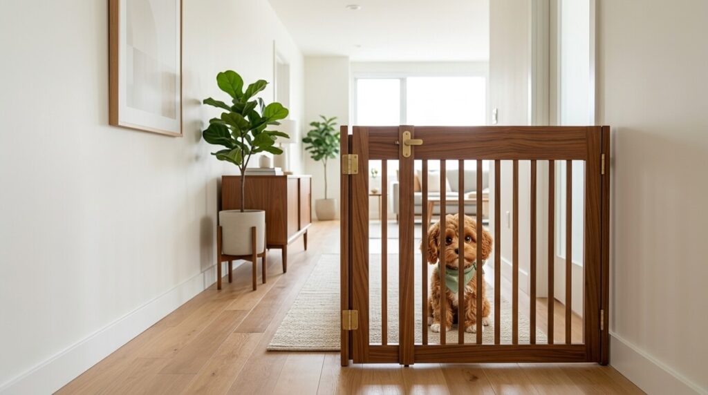 A Cavapoo puppy sitting behind a stylish wooden barrier representing the best no drill dog gates apartments