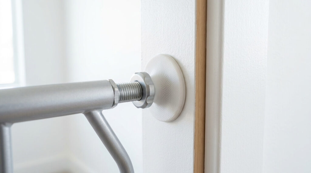 A close up of a silicone wall protector pad used on no drill dog gates apartments