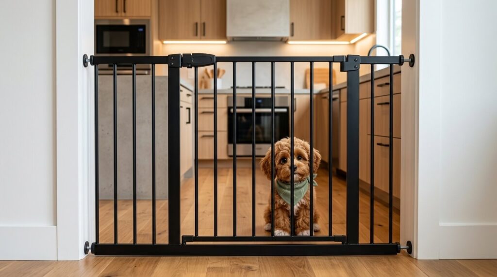 A black metal tension gate installed in a kitchen doorway perfectly showcasing no drill dog gates apartments